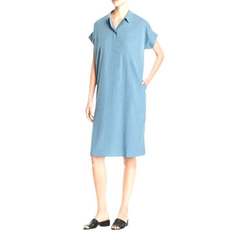 Eileen Fisher Cornflower Dress Tencel Shirt Collar Pockets Classic Minimalist L